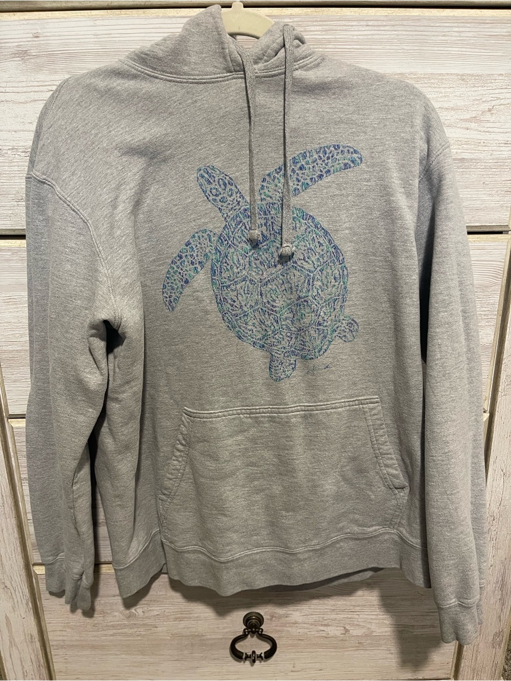 Gray Hoodie with Blue-Green Turtle Graphic